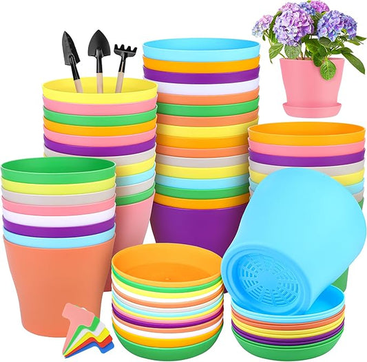 36 Pack 5.5 Inch Plastic Plant Pots with Saucers Colorful Flower Plant Container Seed Starting Pots Thickened Seedlings Nursery Pots for Home Garden Indoor Outdoor Flowers, 9 Colors