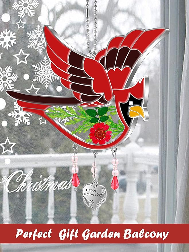 KY&BOSAM Happy Mother`s Day Cardinal Suncatcher Hand-Painted Garden Ornament Hanging Wind Chime with Pressed Flower Cardinal Embedded in Glass Gift for Mom Grandma Mother`s Day Gifts