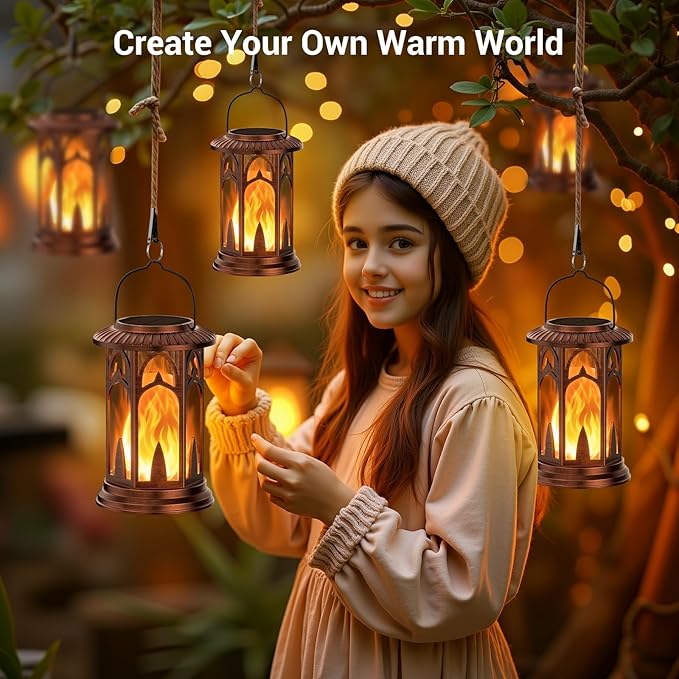KOOPER Taller Solar Lanterns Outdoor Waterproof Hanging Solar Lantern Lights, 2Pack Upgraded Flickering Flame Lanterns Decorative Outdoor, Battery & Solar Powered lantern for Garden Yard Decor, Bronze
