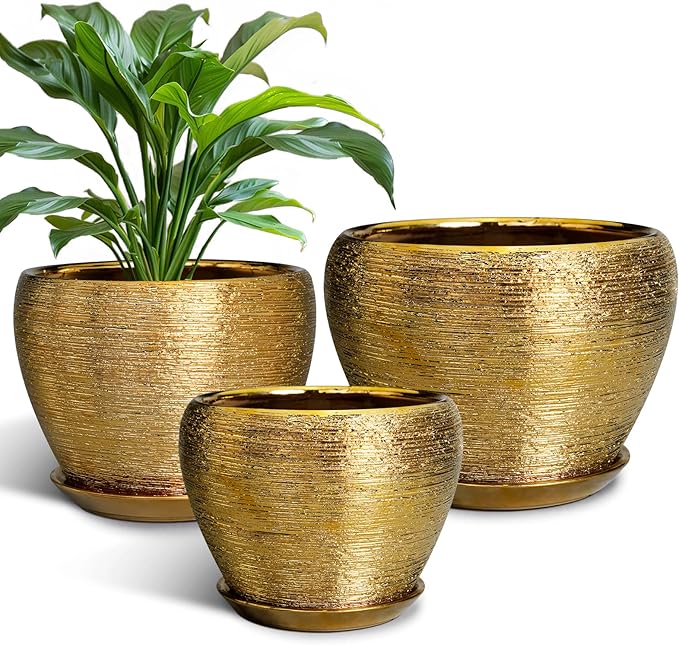 Flower Pots for Indoor Plants- Ceramic Pots for Plants 10 Inch 8 Inch 6 Inch Plant Pots with Drainage Holes and Saucers Decorative Large Planters for Outdoor Plants Set of 3 Gold
