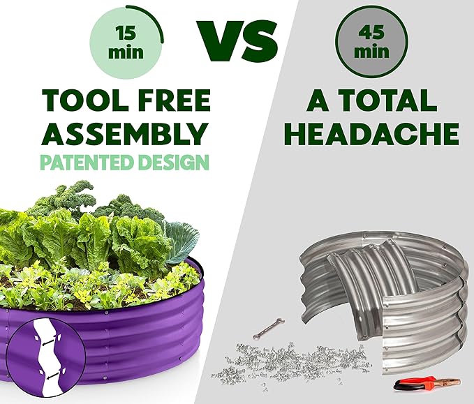 Round Galvanized Raised Garden Bed // 4×4×1 ft Galvanized Raised Garden Beds Outdoor for Gardening, Vegetables, Flowers // Patented Tool-Free Design Round Planter (Purple)