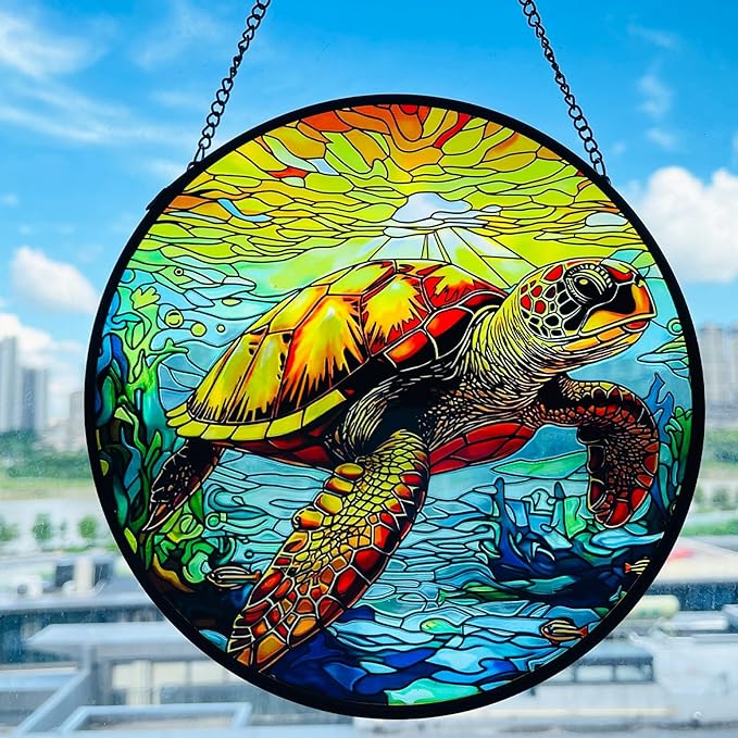 RIVEENY Sea Turtle Glass Window Hanging,8" Sea Turtle Decor Sun Catchers,Stained Glass Sun Catcher Hanging Decoration with Metal Chain,Sun Catchers for Window Decor Outdoor Garden Decor