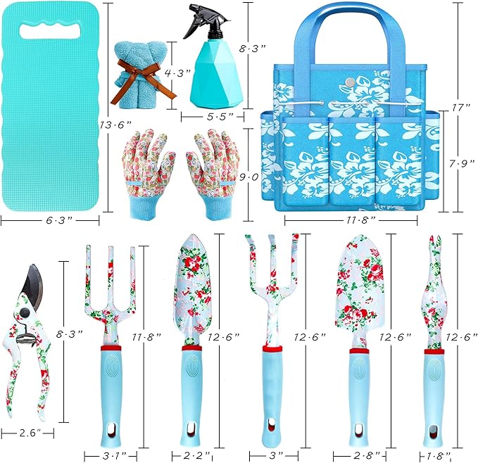 JUMPHIGH Floral Garden Tools Set, 11 PCS Heavy Duty Gardening Tools Includes Hand Trowel Rake Weeder Pruner Sprayer, Gardening Gifts for Women, Garden Kit with Storage Tote Bag and Garden Gloves