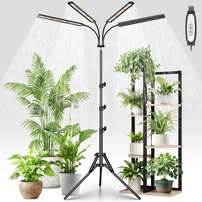 FOXGARDEN® Grow Lights for Indoor Plants Full Spectrum with Tripod Stand, Tall Plant Lights for Indoor Growing with Flexible Gooseneck, Four-Head Grow Lamp with 4/8/12H Timer & 4 Brightness Levels