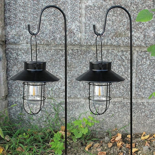 2 Pack Solar Lanterns ,Outdoor Waterproof Solar Lamp with Shepherd Hook, Metal Edison Bulb Lights Gifts for Gifts for Women/Mom Garden Outdoor Pathway Decor (Black)