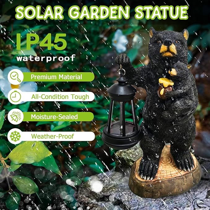 Garden Statues Bear with Solar Lantern, Outdoor Bear Figurines Decorations for Patio Yard Lawn Ornaments, Gifts for Mom/Grandma Birthday Housewarming
