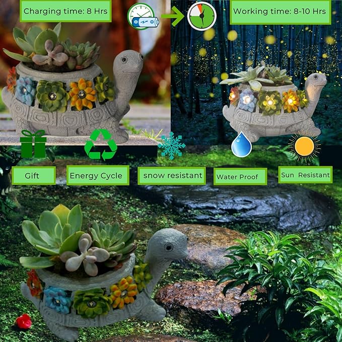 GUCHO Solar Garden Outdoor Statues Turtle with 5 Led Lights (Not Include Real Succulent),Lawn Decor Tortoise Statue for Patio, Balcony,Yard,Garden Decorations,Unique Gifts for Women Men