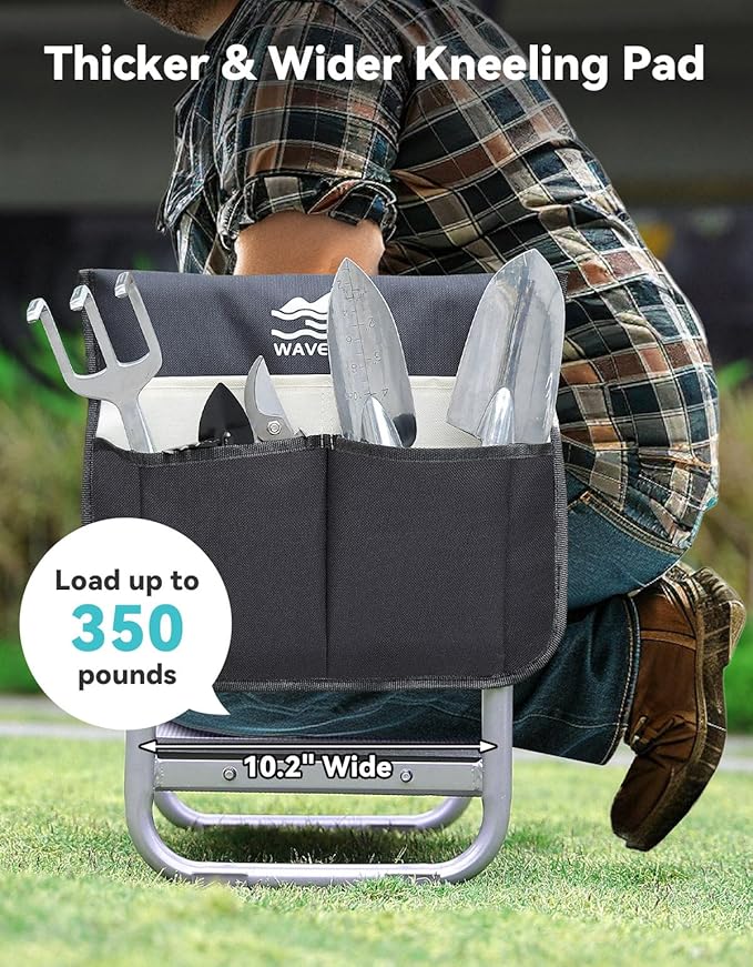 Garden Kneeler and Seat, Foldable Garden Stool 10.2" Width, Heavy Duty Knee Seat for Gardening with 2 Tool Pouches & Gloves, Gardening Accessories for Women, Grandparents, Seniors (Black)