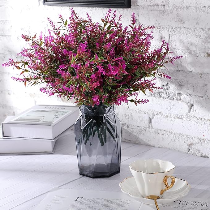 12 Bundles Artificial Lavender UV Resistant Plants Outdoor Faux Flowers Shrubs for Floral Arrangement, Table Centerpiece, Home Garden Decor (Fuchsia)