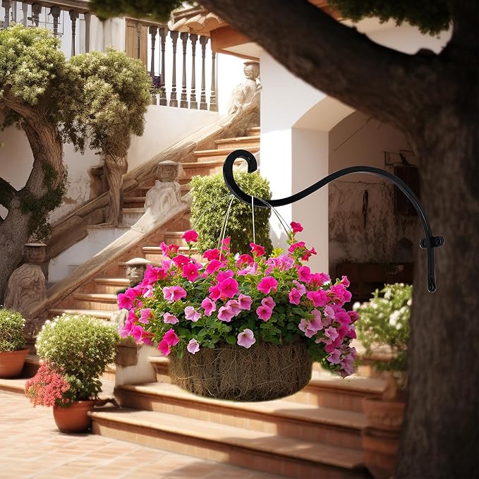 Hourleey 4 Pack Plant Hanger Outdoor, 12 Inch Heavy-Duty Hanging Plant Hook for Outside Basket, Black Metal Wall Mount Plant Bracket Hook for Flower Baskets Bird Feeder