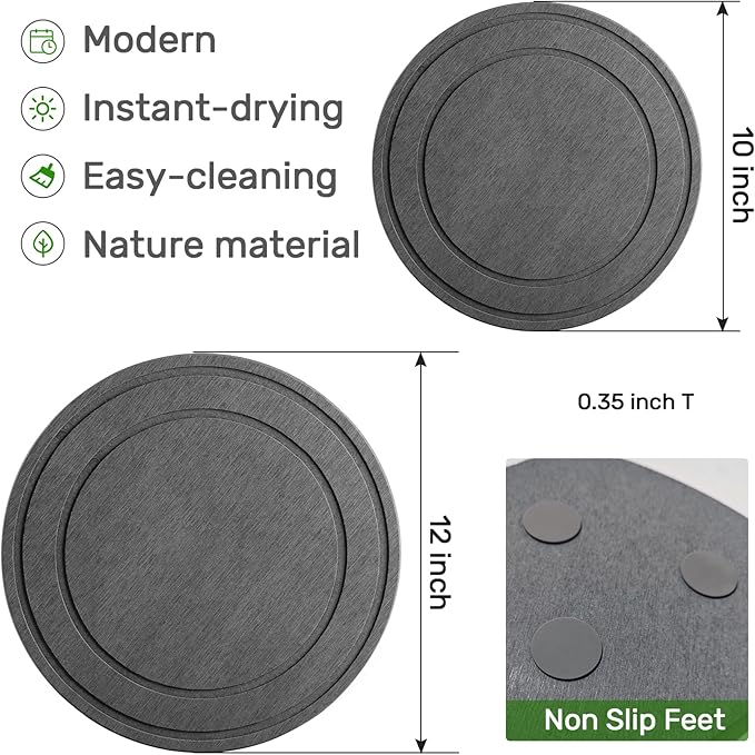 Diatomaceous Earth Plant Saucer for Indoor, 2 Pack 12 inch, Instant Dry Pot Saucer, Plant Drip & Drainage Tray for Indoor, Stone Gray