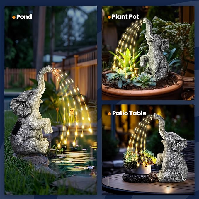 GIGALUMI Solar Garden Decor Watering Elephant Statues Outdoor, Birthday Gifts for Women Mom Grandma Senior Elder, Elephant Ornament for Balcony, Garden, Patio, Yard, Lawn (Twinkling Lights Only)