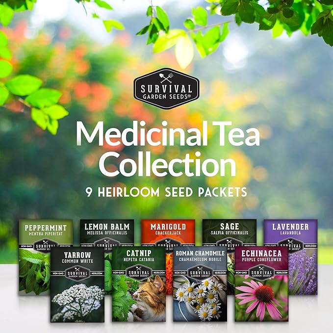 Medicinal Tea Seeds Collection - 9 Non-GMO Heirloom Herbs to Grow in The Garden - Chamomile, Lavender, Echinacea, Catnip, Lemon Balm, Marigold, Sage, Peppermint, White Yarrow - Survival Garden Seeds