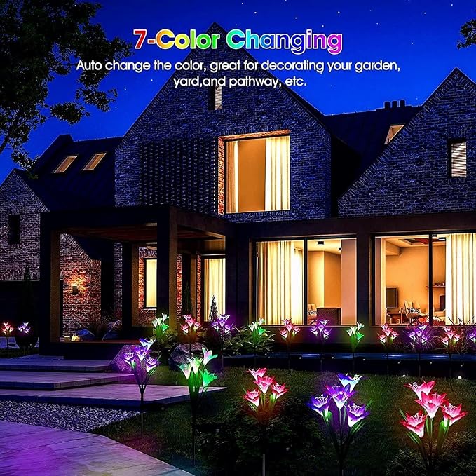 ANGMLN 4 Pack Solar Flowers Lights,16 Bigger Head Solar Lily Flowers, 7 Color Changing Pathway Lamps for Garden Patio Yard Party Wedding Holiday Outdoor Garden Stake Decoration(Purple2&White1&Pink1)