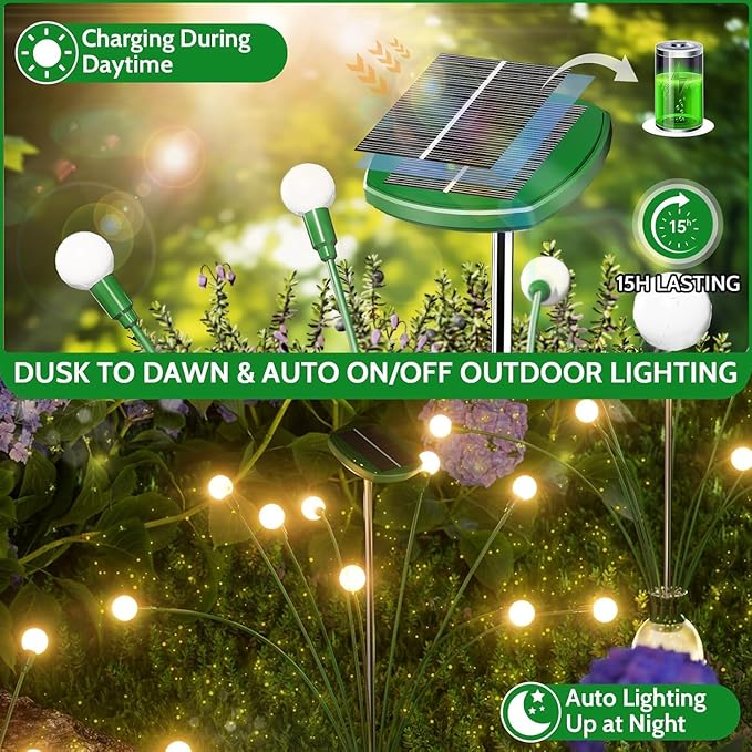 AOSEA Solar Outdoor Waterproof Pathway Lights - Fairy Lights Sway by Wind for Outside, Firefly Lights for Patio, Garden, Yard, Walkway, Sidewalk