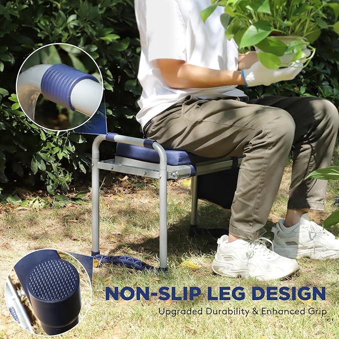 Foldable Garden Kneeler and Seat, Heavy Duty Garden Stool with 10" Wide Detachable Kneeling Pad, Portable Garden Bench Chair with Large Garden Tool Bag, Gardening Gifts for Women, Seniors
