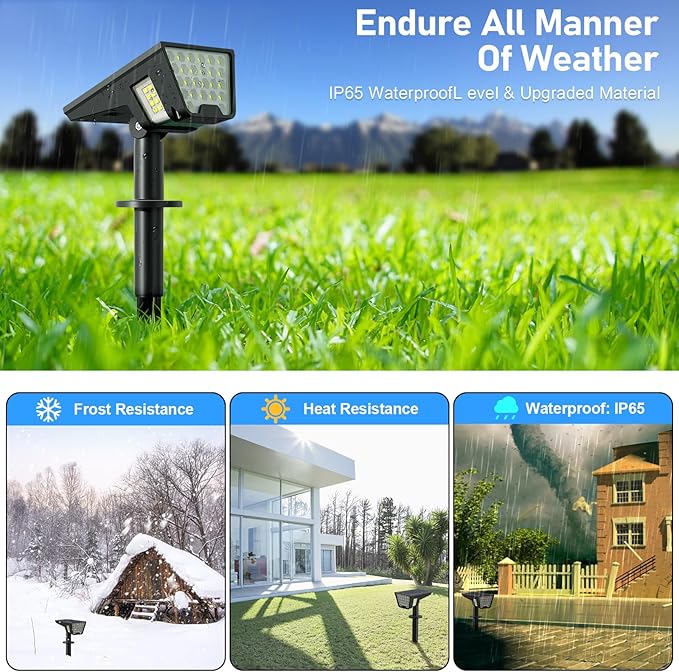 Solar Spot Lights Outdoor IP65 Waterproof, 53 LEDs Solar Powered Garden Yard Lights Outdoor 3 Modes Landscape Spotlight Wall Light with Auto On/Off for Driveway Porch 2 Pack (Cool White)