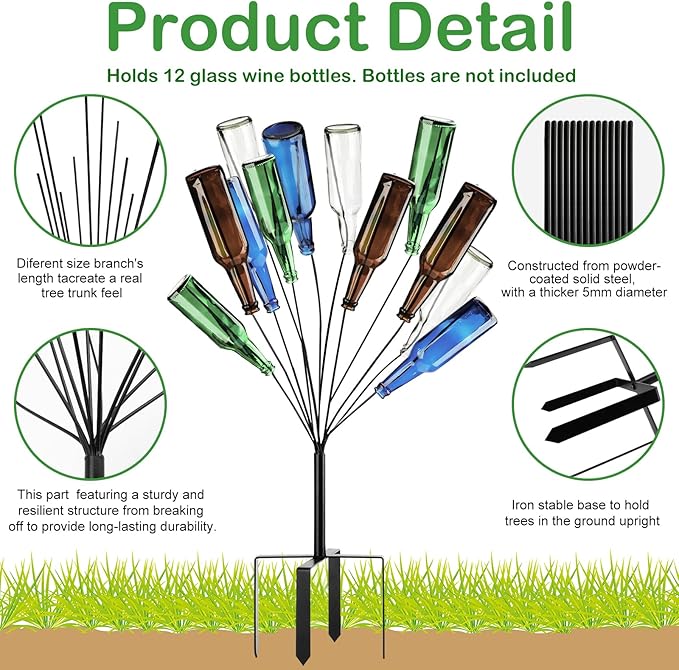 2 Pcs 12 Wine Bottle Tree Garden Outside 36 Inches Glass Bottle Tree Colorful Garden Decorative Bottle Holder Artificial Black Metal Bottle Trees for Lawn Yard Garden Outdoor Decor