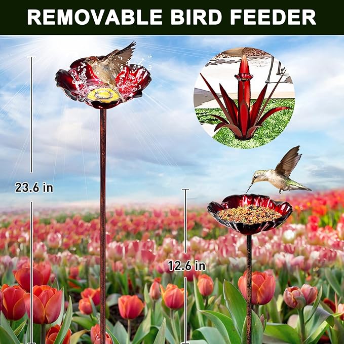 Upgraded Large Metal Yard Art, Metal Agave Plant Yard Decorations Outdoor Sculpture, Metal Flowers for Outside, Waterproof Outdoor Garden Decor (Red + Bird Feeder)