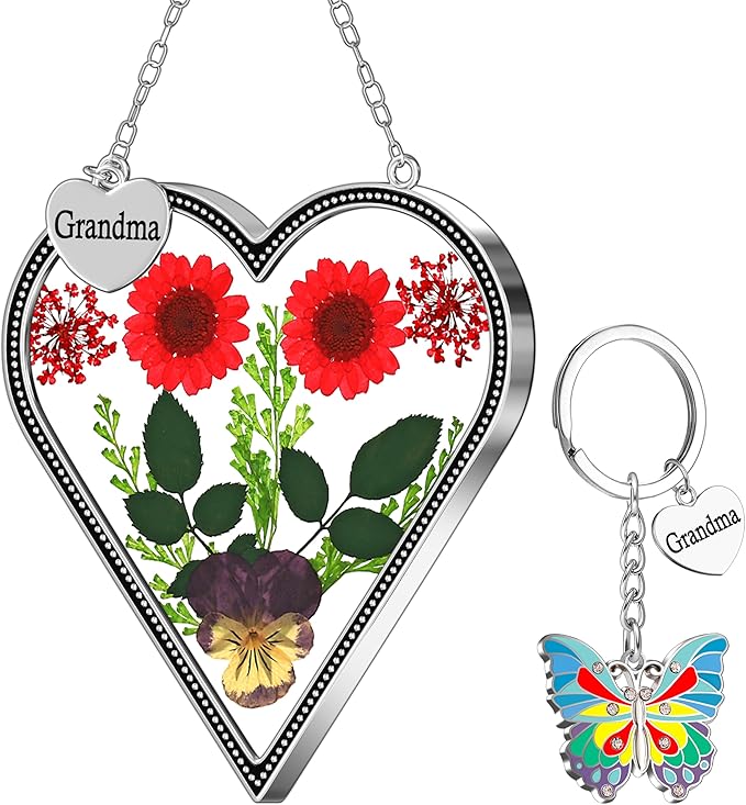 KY&BOSAM Heart Suncatcher Grandma Gifts Glass Butterfly Suncatchers for Window Pressed Flower Between Heart in Glass Metal Engraved Charm Gift for Women Mother's Day Valentine's Birthday Christmas