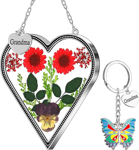 KY&BOSAM Heart Suncatcher Grandma Gifts Glass Butterfly Suncatchers for Window Pressed Flower Between Heart in Glass Metal Engraved Charm Gift for Women Mother's Day Valentine's Birthday Christmas