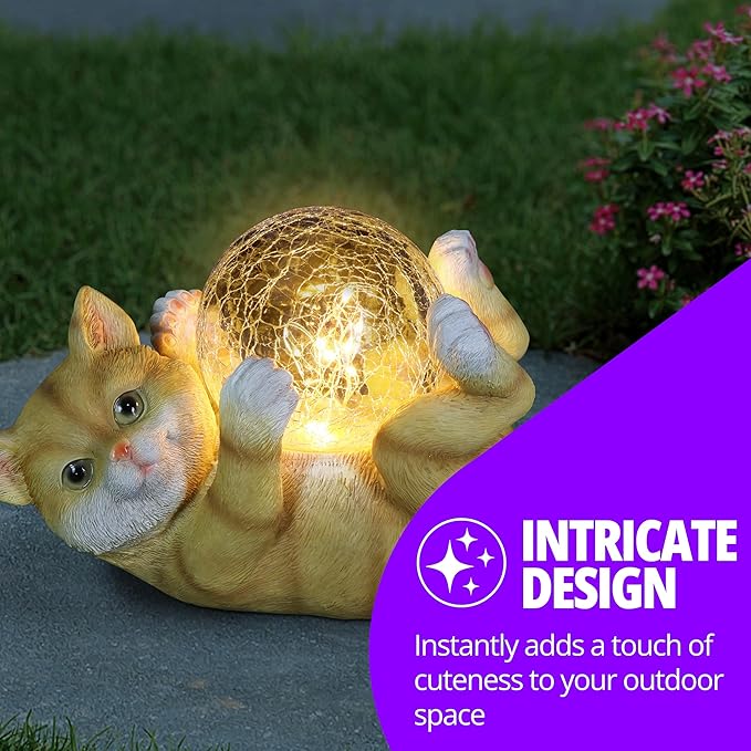 Exhart Garden Sculpture, Solar Cat Garden Statue with LED Light Crackle Ball, Outdoor Garden Decoration, 10.5 x 7.5 Inch, Multicolor, Resin