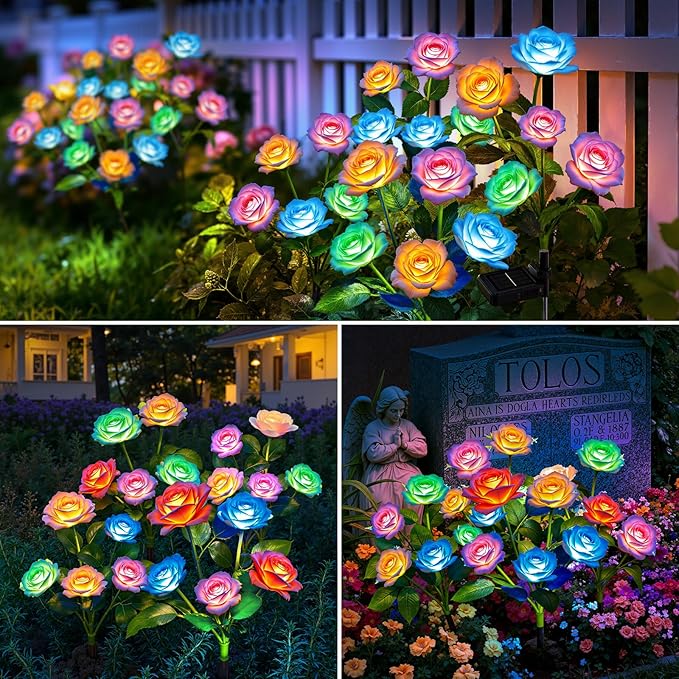 WdtPro 2025 New Solar Lights Outdoor Decorative 6 Pack, Garden Lights Solar Powered Flowers Rose Light Waterproof, Color Changing Solar Outdoor Light for Outside Patio Yard Grave Garden Decor, Gifts