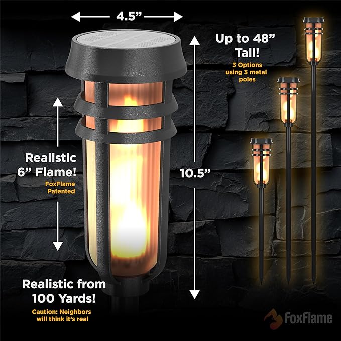 Metal Solar Torch - Adjustable Height (24" - 50"), Outdoor Lights with Flickering Flame, Waterproof Solar Powered Lights, Flame Torches for Patio, Pathway, Yard Decor, Matte Black (4-Pack)