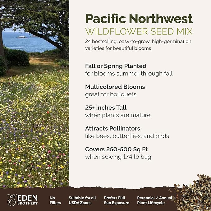 Eden Brothers Pacific Northwest Wildflower Mixed Seeds for Planting, 1/4 lb, 120,000+ Seeds with Cornflower, CA Bluebell | Attracts Pollinators, Plant in Spring or Fall, Zones 3, 4, 5, 6, 7, 8, 9, 10