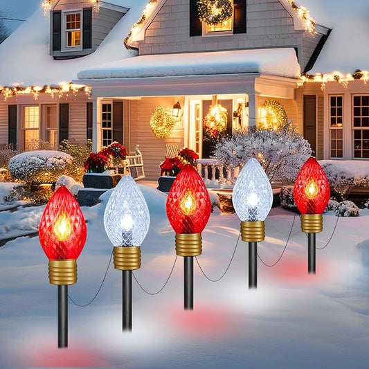 Moonflor Strawberry Jumbo C9 Christmas Pathway Lights Outdoor - 8.5FT 5 LED C9 Walkway Lights Outdoor, Christmas Decoration Outside, Christmas Lights Outdoor for Lawn Holiday Yard, Red & Pure White