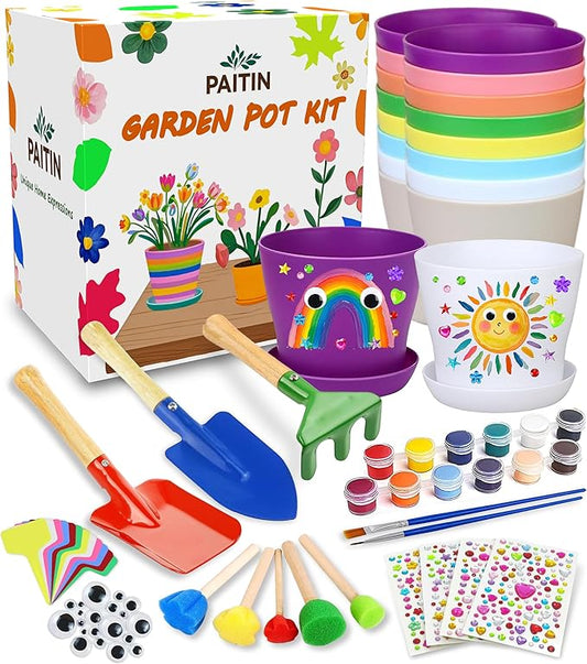 PAITIN Paint & Plant Flower Gardening Kit - 4 Inch Plant Pots, Kids Gardening Tools, Plant Labels, Paints, Brushes, Gem & Eye Stickers - Perfect Gardening Gifts for Women & Kids