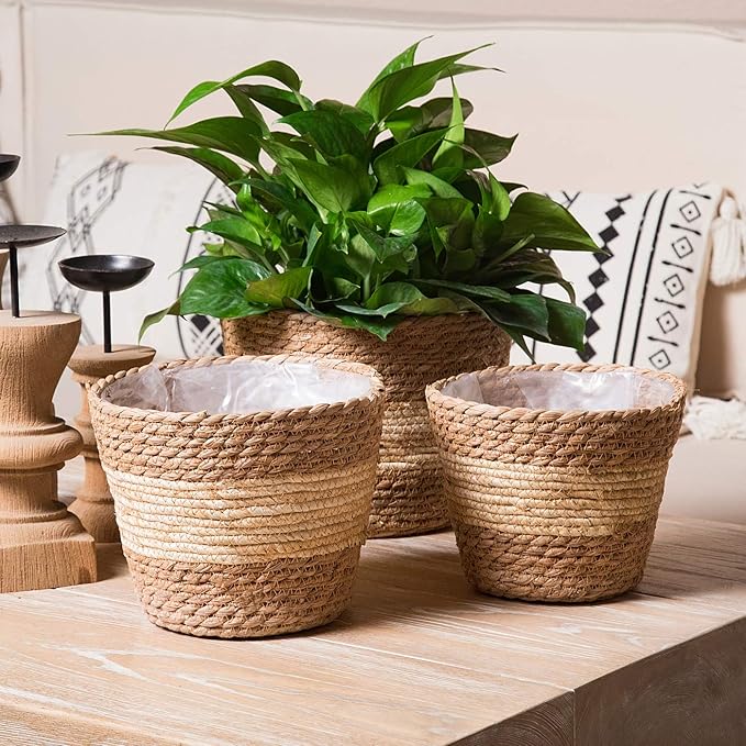 Plant Pots for Indoor Plants, Seagrass Plant Basket Flower Pots Cover, Plant Containers,9.8 inch,Beige&Brown, Set of 3