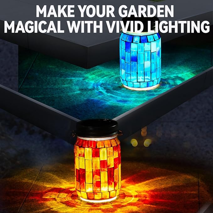 VOREEN 2 Pack Mosaic Solar Lanterns, Outdoor Glass Hanging Lights, Solar Table Lamps, Waterproof Night Lights, Color Jar Lights Easter Gifts, Decor for Garden, Patio, Yard, Balcony, Blue&Orange