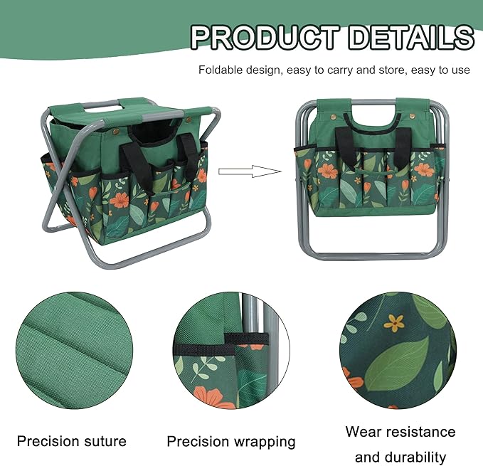 Folding Gardening Stool with Detachable Storage Tote Bag, Multifunctional Gardening Tools Set Organizer for Fishing and Camping,Portable Garden Chair Seat for Adults (Green Flower)