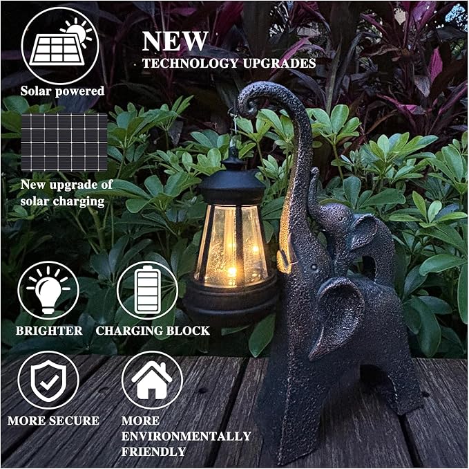 Elephant Statues Garden Decor with LED Solar Lights-Lucky Elephant Mother Gifts for Women, Men or Daughter, Unique Housewarming Gifts and Yard Decoration (Gold)