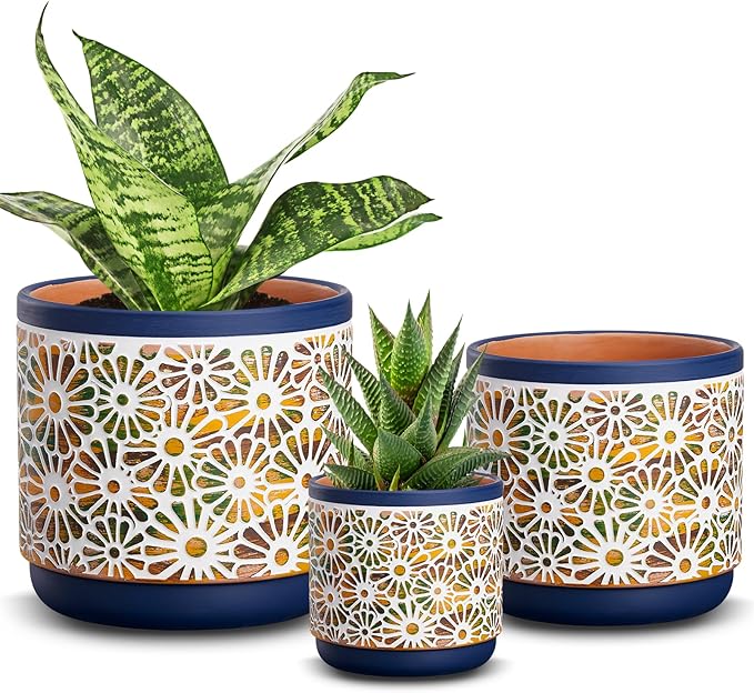 3 Piece Ceramic Plant Pots, 5.7/4.7/3.5/inch Planters with Drainage Hole, Outdoor Indoor Flower Pots Set, Modern Decorative Plant Pots for Lilies, Cacti, Succulents, Snakes, Bamboo(Blue)