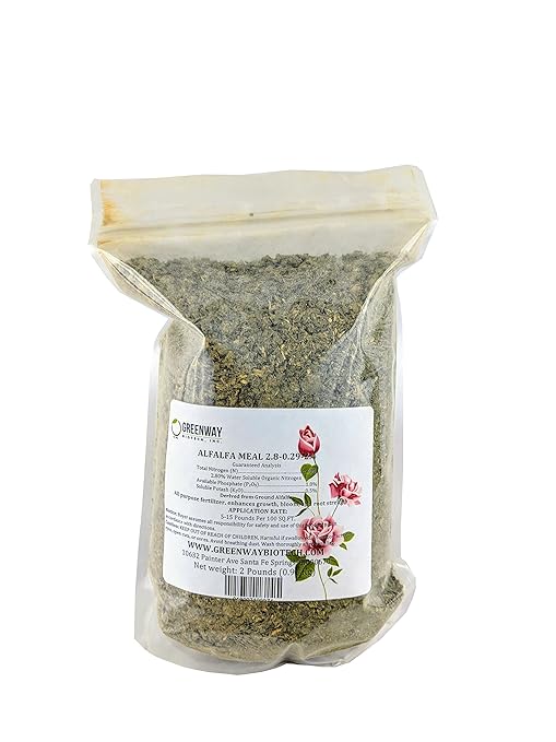 Greenway Biotech Alfalfa Meal 2.80-0.29-2.40- Rose, Flower, Plant & Vegetables Fertilizer with Essentials Minerals, & Nitrogen- Ideal for Alkaline Plants- 2 Pounds