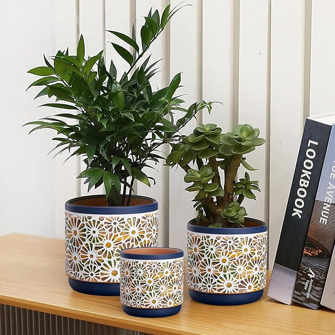 3 Piece Ceramic Plant Pots, 5.7/4.7/3.5/inch Planters with Drainage Hole, Outdoor Indoor Flower Pots Set, Modern Decorative Plant Pots for Lilies, Cacti, Succulents, Snakes, Bamboo(Blue)