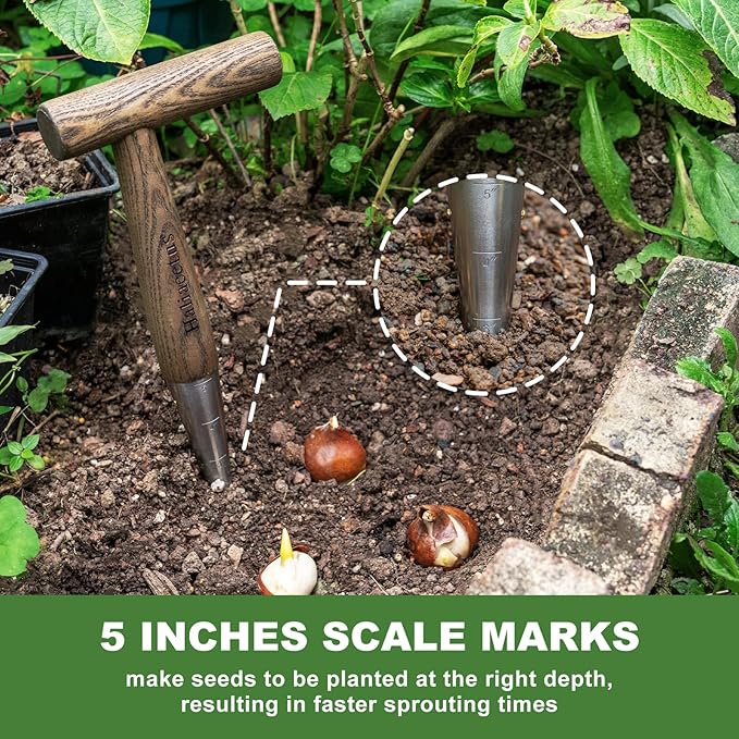 2024 New Upgrade Hand Dibber with 5 inches Measuring Scale, Easy to Grip L-Shaped Wood Handle Dibbler, Stamped Stainless Steel Tip Seed Dibber, 11.3'' Dibber for Sowing Seeds and Planting Seedlings