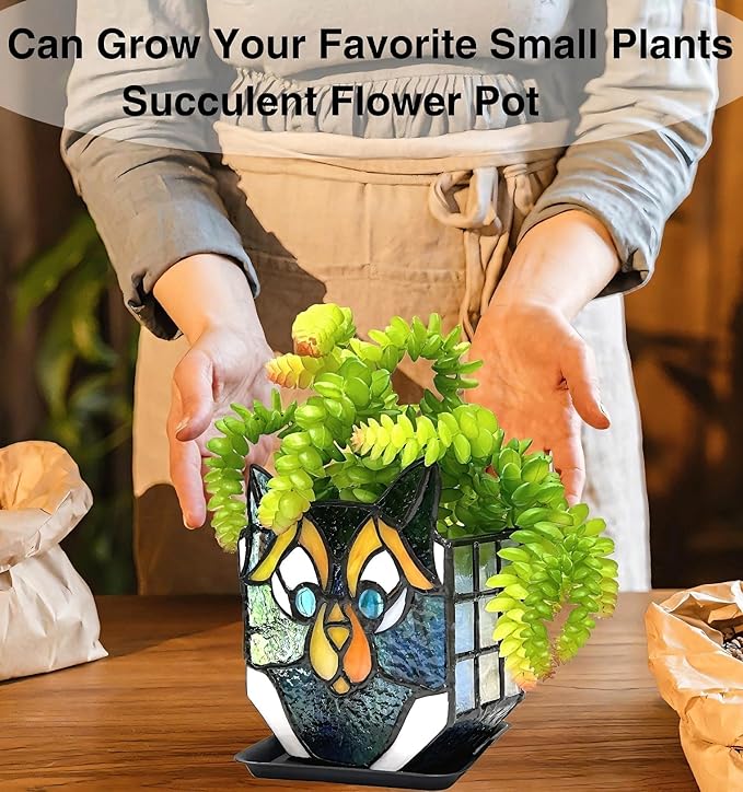 Cat Stained Glass Pot,Cat Flower Pots for Indoor Plants,Cat Plant Decor,Fun Plant Pots Gift 4.6x3x5.15 in(Excluding Plants)