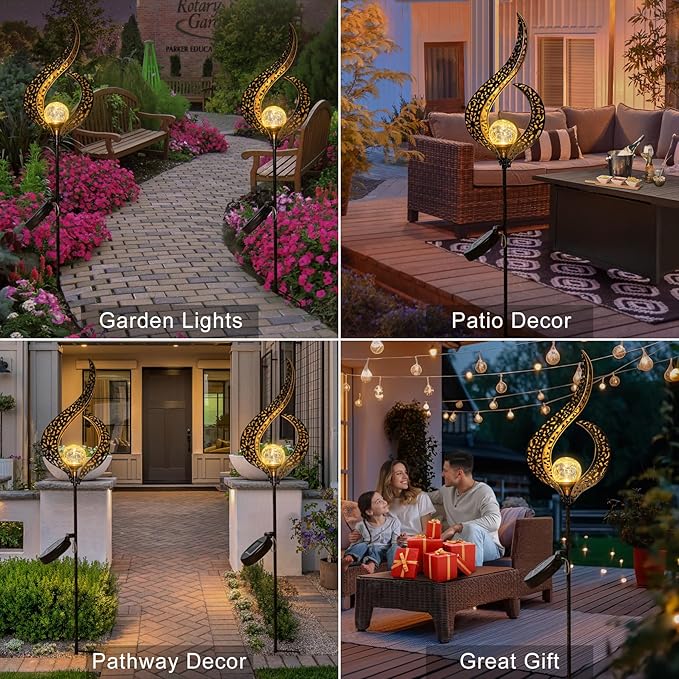 HOMEIMPRO Outdoor Garden Solar Lights Stake，Crackle Glass Globe,Metal Flower Waterproof LED Fairy Lights for Pathway,Lawn,Patio or Courtyard,Gardening Gift (Bronze)