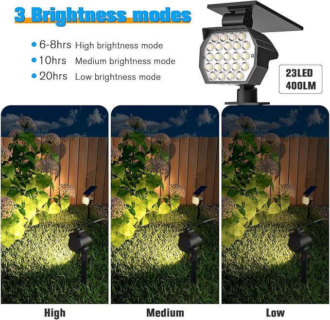 NIORSUN Solar Spot Lights Outdoor,23 LEDs Landscape Lighting with Auto On/Off and 3 Lighting Modes, IP67 Waterproof Spotlights,Outdoor Solar Lights for Yard Garden,8 Pack(Warm White)