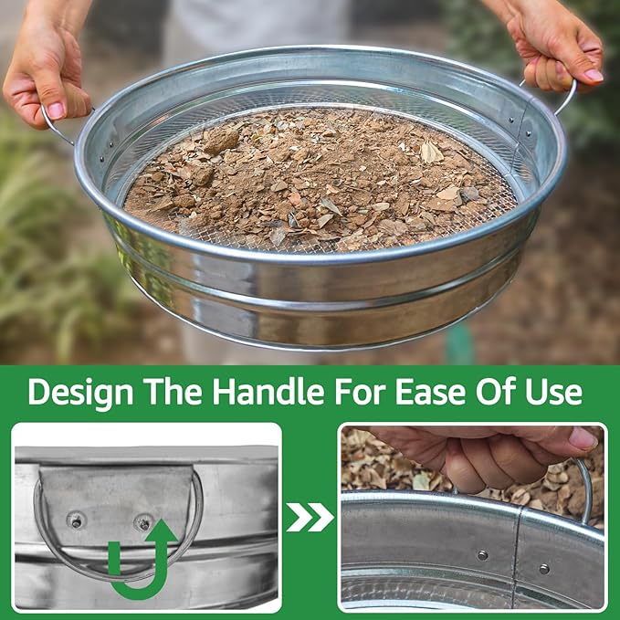 19'' Extra Large Soil Sifter with Handles, Compost Sifter for Gardening, Dirt Sifter,Rock Sifter,Garden Sieve for Compost Dirt Rocks Pellet Gravel Sand Leaves,Garden Tool 19" x19"x4.3" with 1/4" Mesh