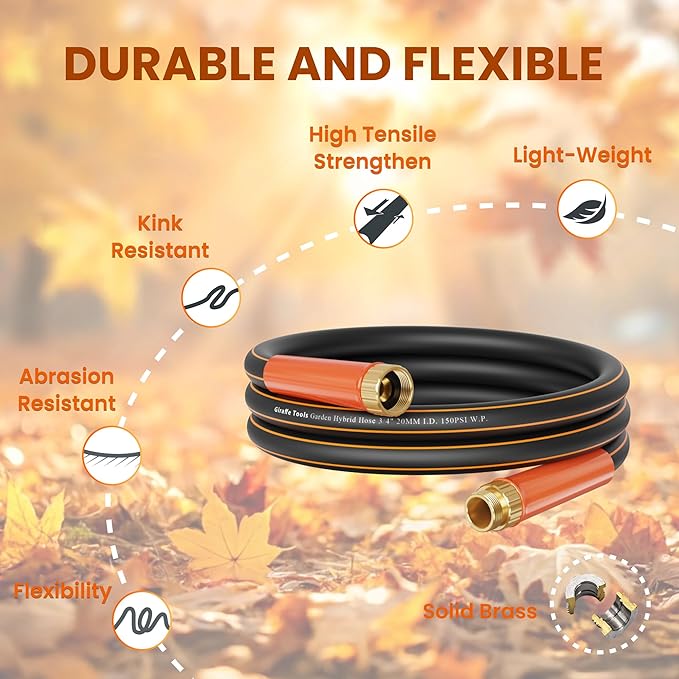 Giraffe Tools Garden Hose 12ft x 3/4", Heavy Duty Water Hose, Flexible, Hybrid Lightweight Hose with Swivel Handle, Male to Female Fittings, Burst 600 PSI