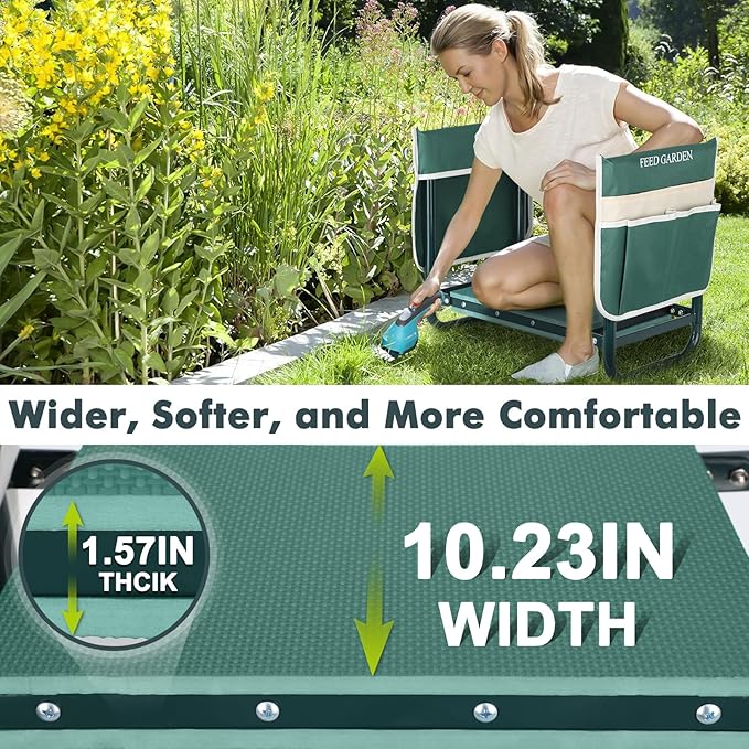 FEED GARDEN Garden Kneeler and Seat, Garden Stool with 10" Wide Soft Kneeling Pad, Heavy Duty Gardening Bench Chair with 2 Tool Pouches, Gardening Gifts for Women Seniors Women Mom Men, Green