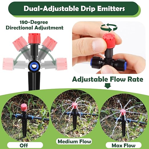21PCS Adjustable Drip Irrigation Emitters(8-Hole) Kit-Quick Connect for 1/4" Tubing,Dual Adjustment System-Easy to Install Drippers for Precise Garden Watering of Vegetables,Shrubs&Flowers