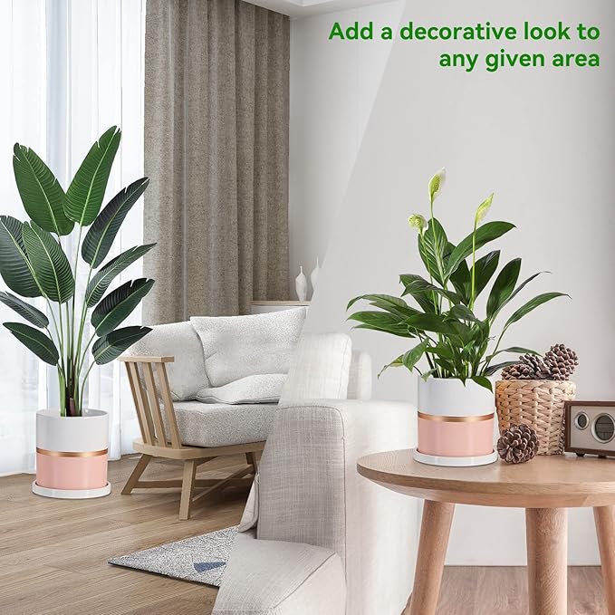 Ekirlin 8 inch Plant Pot - Ceramic Flower Planters Indoor - Modern Succulents Containers with Drain Hole Saucer, Decorate Home, Office & Outdoor (Pink)