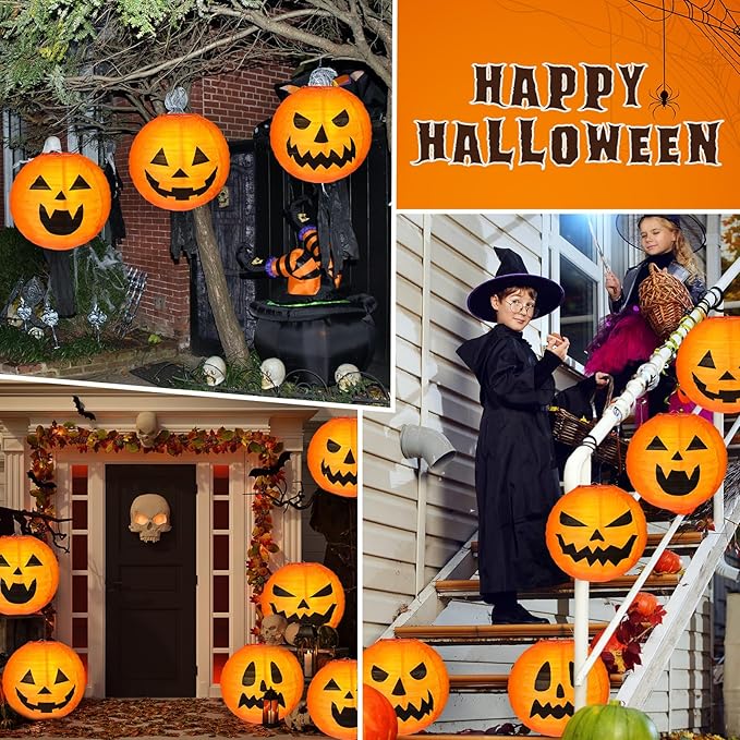 Retisee 20 Pcs 8 Inch Halloween Pumpkin Paper Lantern Halloween Jack O Lantern Paper Lantern Orange Pumpkin Lantern for Halloween Party Halloween Pumpkin Hanging Paper Lantern for Indoor Outdoor Decor