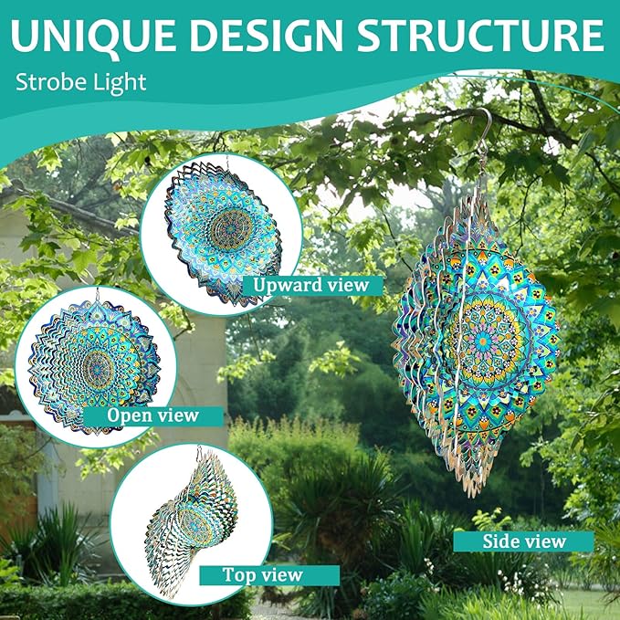 Wind Spinner Mandala Peacock Blue Ocean,Wind Spinner for Yard and Garden,Gifts for Women Mom Grandma Wife Father,12Inch 3D Kinetic Yard Art Decorations Outdoor&Indoor Christmas Decor