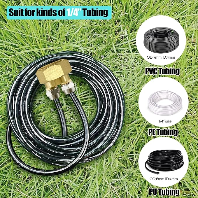 Drip Irrigation Hose Connector, 4 Pcs 3/4" to Dual 1/4" Hose Adapter, Convert 3/4" Female Hose Thread Bib to 1/4" Tubing, US Standard Faucet Adapter, Hard Brass Made